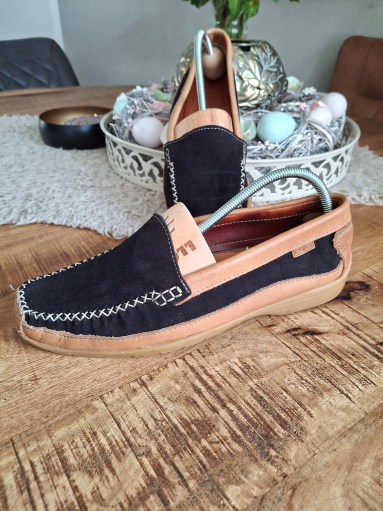 Lederen instapper/ moccasin leer/suede mt 39 donkerblauw, Blauw, Instappers, Ophalen of Verzenden, Zo goed als nieuw