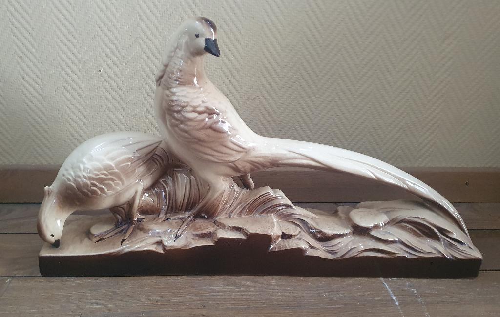 Art Deco beeld van 2 fazanten, Art deco, Beschilderd, Steen of Keramiek, Beeld