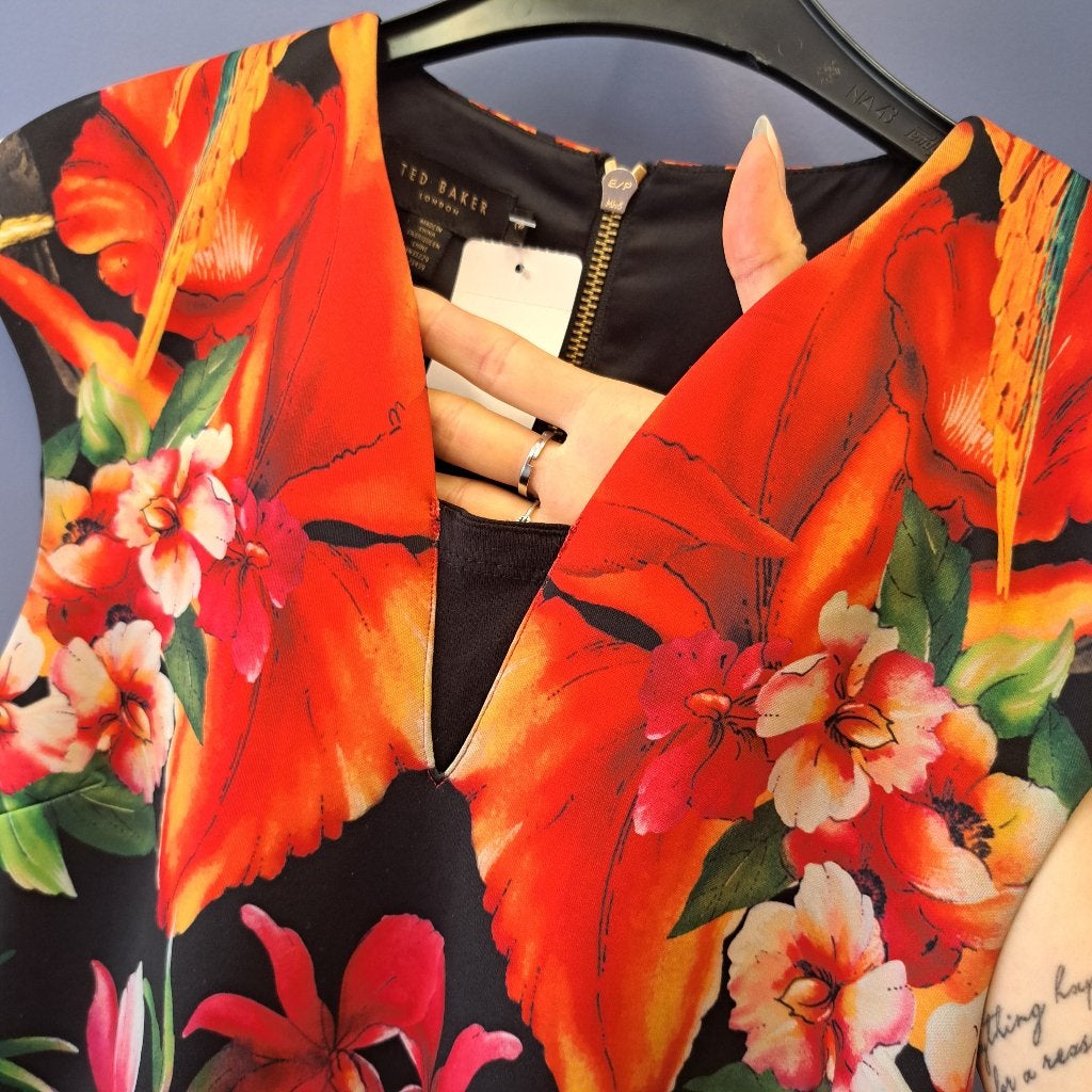Ted Baker midi/maxi jurk zwart + bloemen + toekans S 45573, ., Ted Baker, Ophalen of Verzenden, Zo goed als nieuw