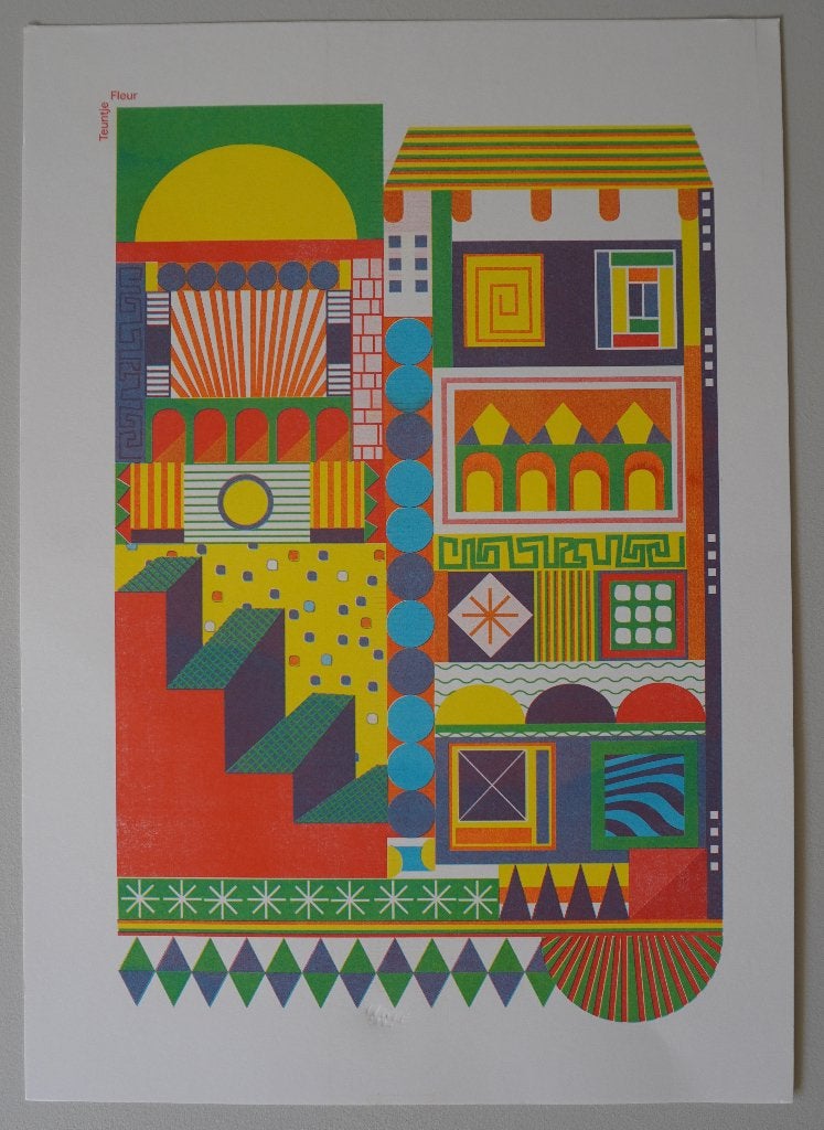 Teuntje Fleur risoprint kleurrijk sojainkt A3 grafisch, Antiek en Kunst, Gesigneerd in de plaat, Ophalen of Verzenden, Abstract