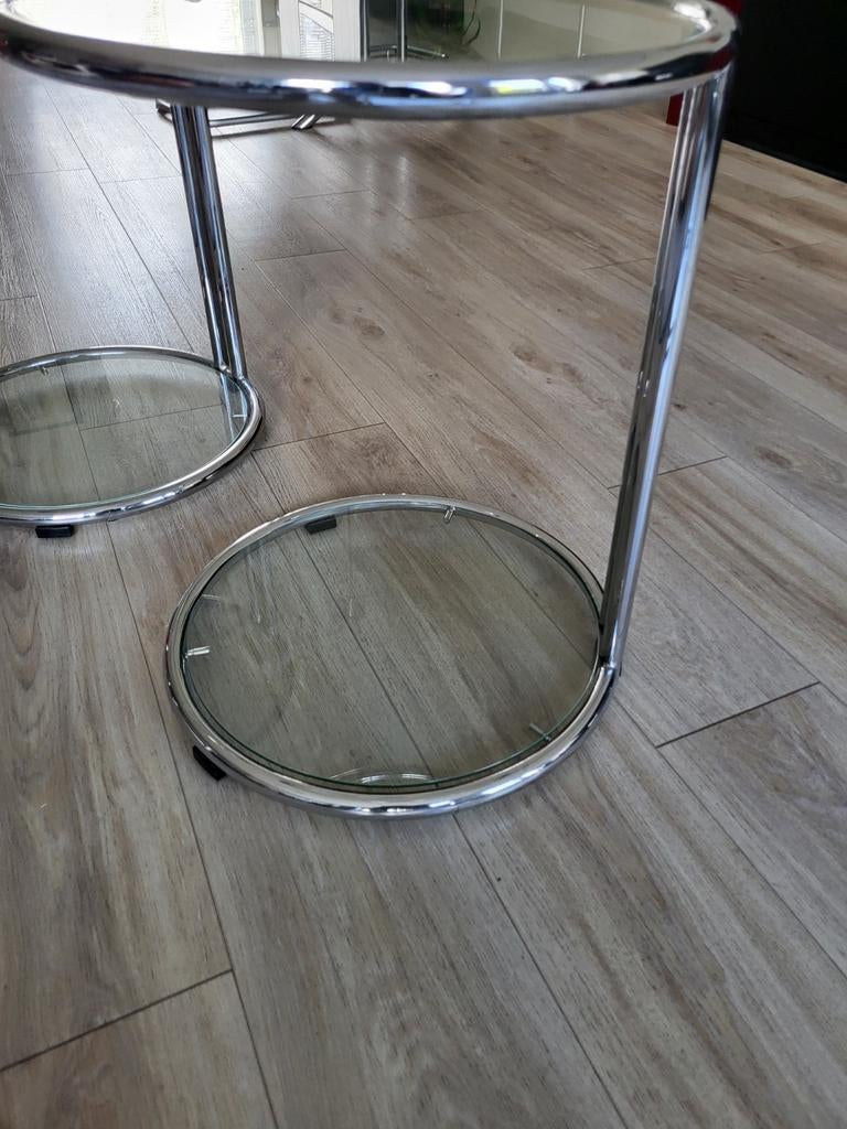 Bijzettafel 2 stuks chroom / glas in goede staat., Minder dan 55 cm, Rond, Glas, Ophalen