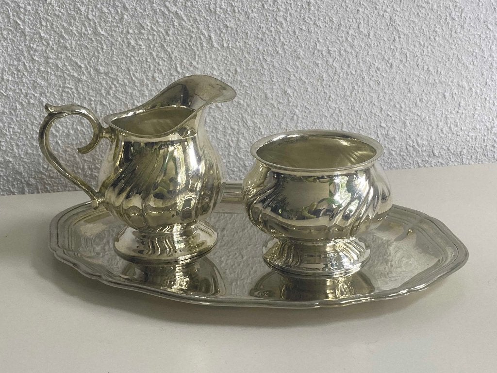 Verzilverd roomstel - suikerpot melkkan - brocante jaren 50, Ophalen of Verzenden