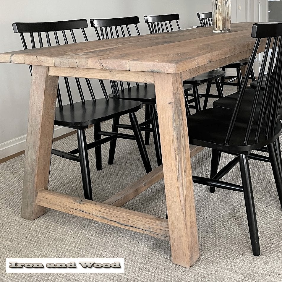 Oud eiken maatwerk kloostertafel met A poot van wagondelen, Ophalen, Nieuw, Hout, Landelijk