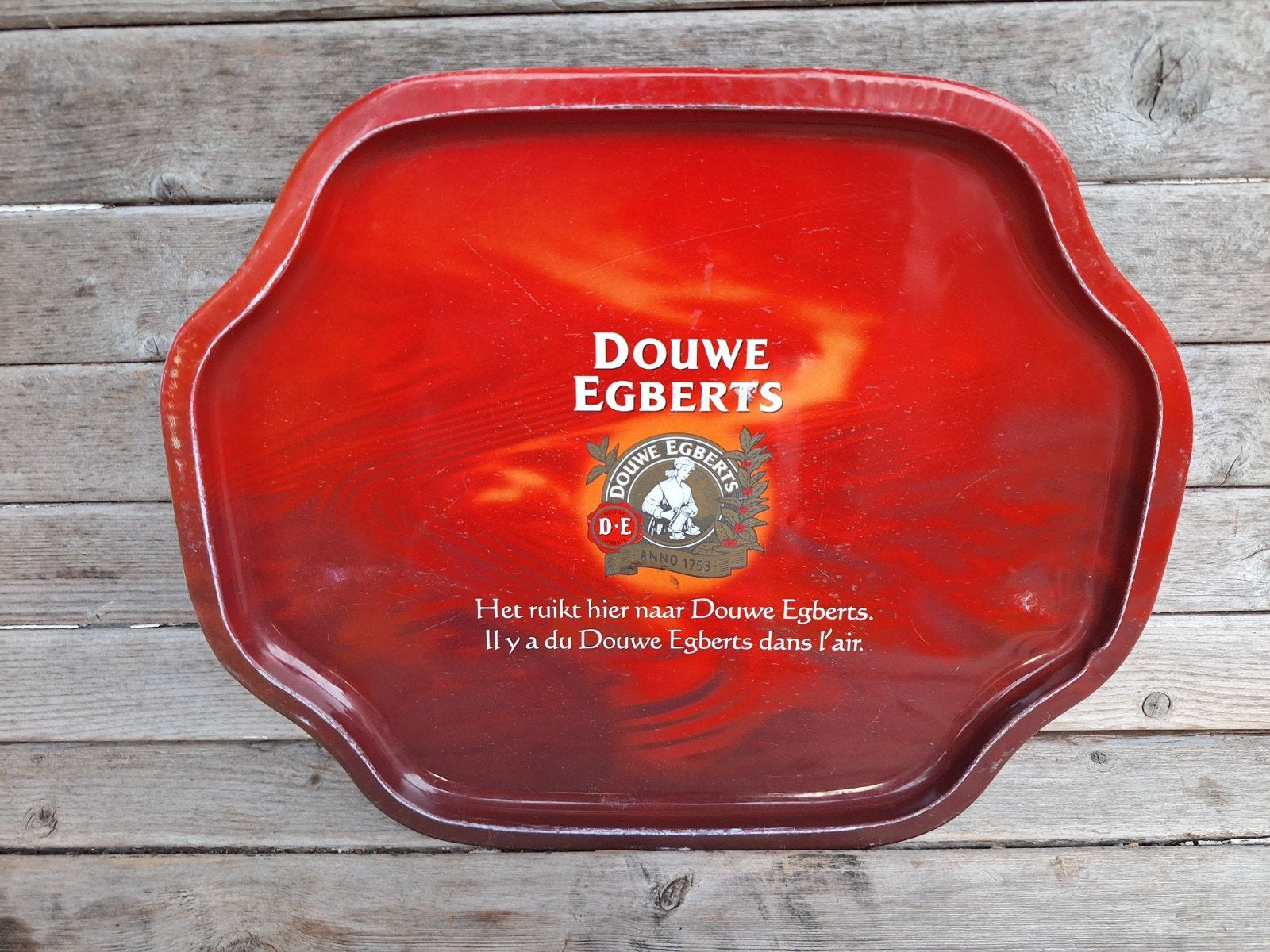 Vintage metalen dienblad Douwe Egberts, Huis en Inrichting, Woonaccessoires | Dienbladen, Gebruikt, Met opstaande rand, Ophalen of Verzenden