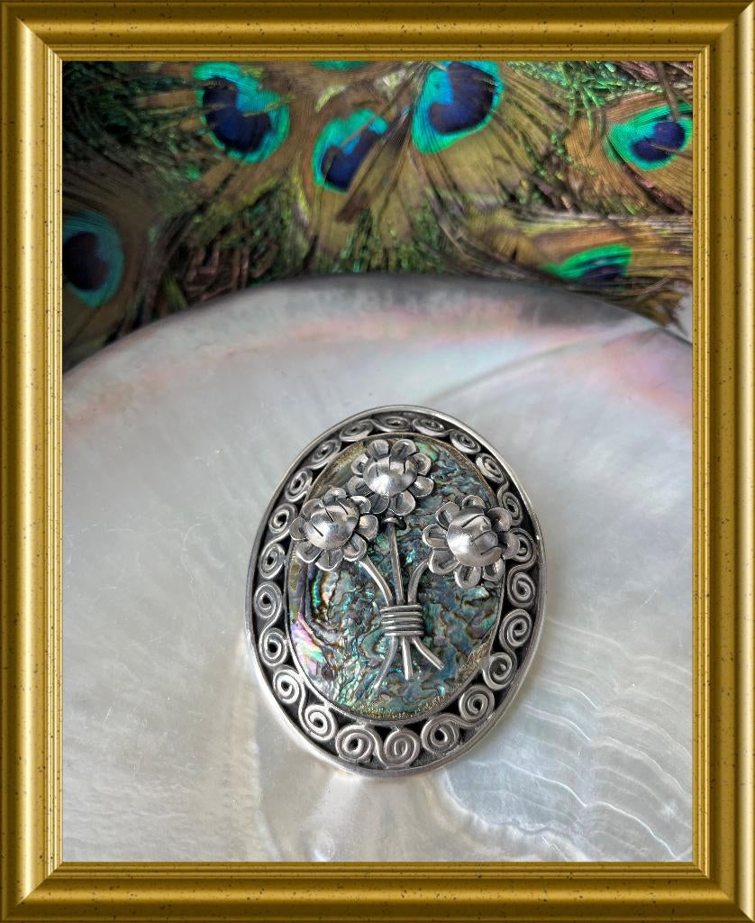 Grote zilveren broche met parelmoer, abalone, Ophalen of Verzenden, Zilver, Broche