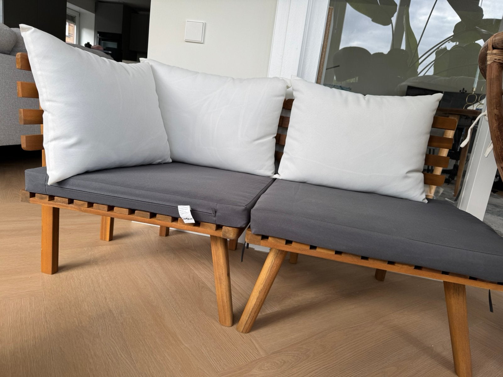 Houten balcon/tuin bank/stoelen met kussens, Ophalen, Zo goed als nieuw, Hout