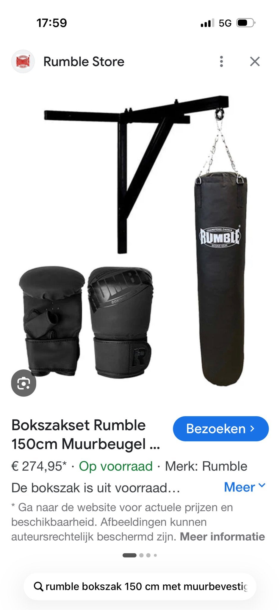 Rumble bokszak 150 cm + zware muurbeugel + ketting, Ophalen, Gebruikt, Bokszak