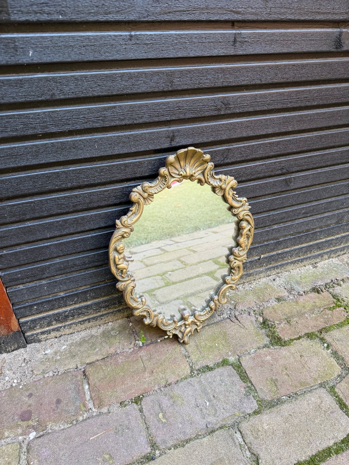 Antieke spiegel met barokke details, Ophalen, Ovaal, Minder dan 50 cm, Minder dan 100 cm
