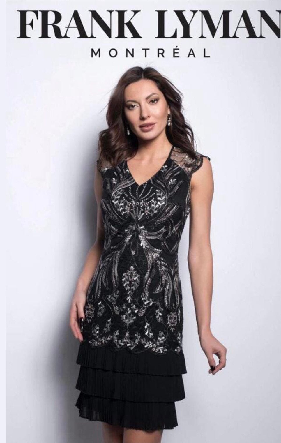 Frank Lyman luxe jurk zwart geborduurd kant/chiffon ruche 44, Kleding | Dames, Verzenden, Zwart, Maat 42/44 (L), Nieuw