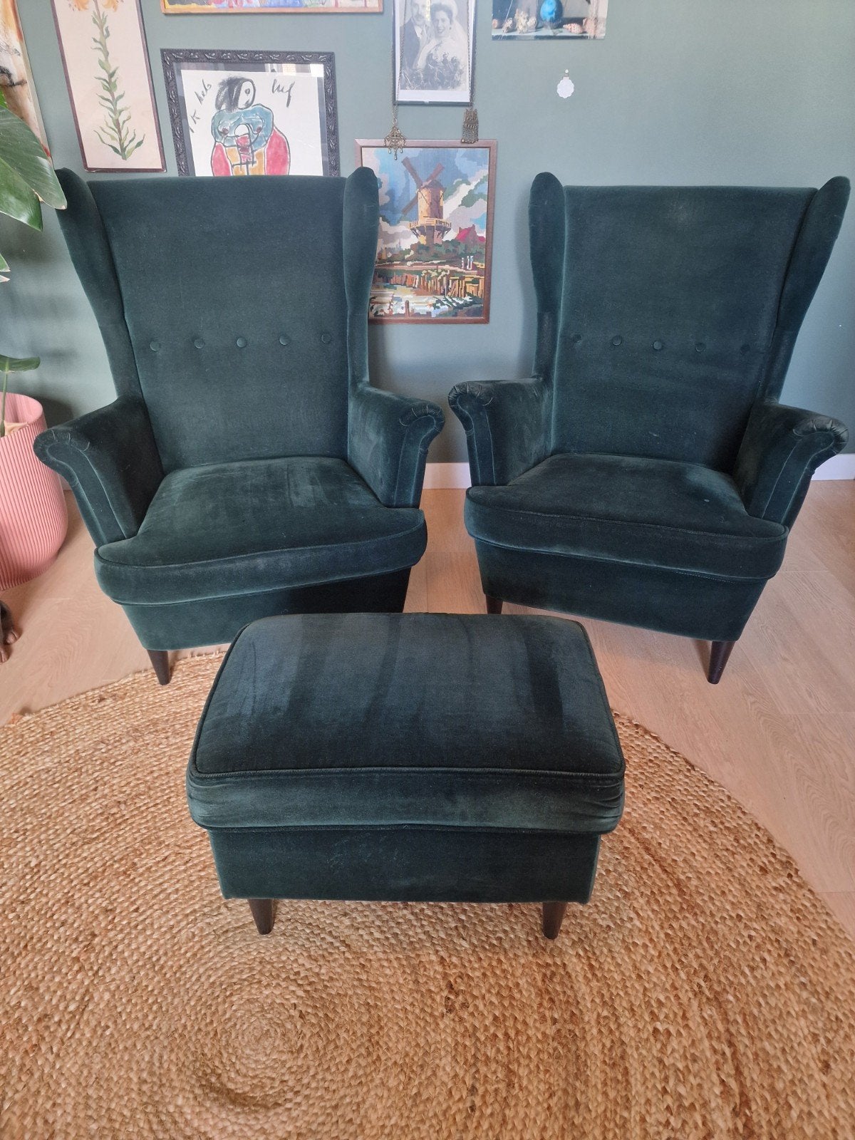 Verlours, groene Fauteuils met Voetenbank van ikea-set van 3, Huis en Inrichting, Ophalen, Gebruikt, 75 tot 100 cm, Stof