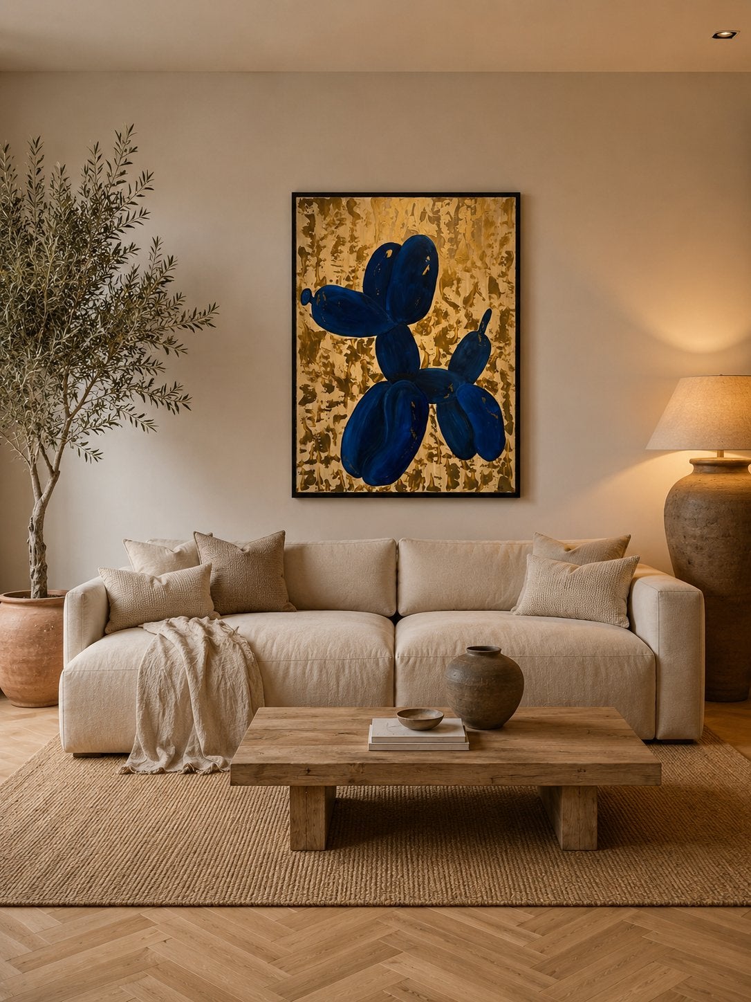 Schilderij paneel balloon dog hond goud blauw xxl groot, Ophalen