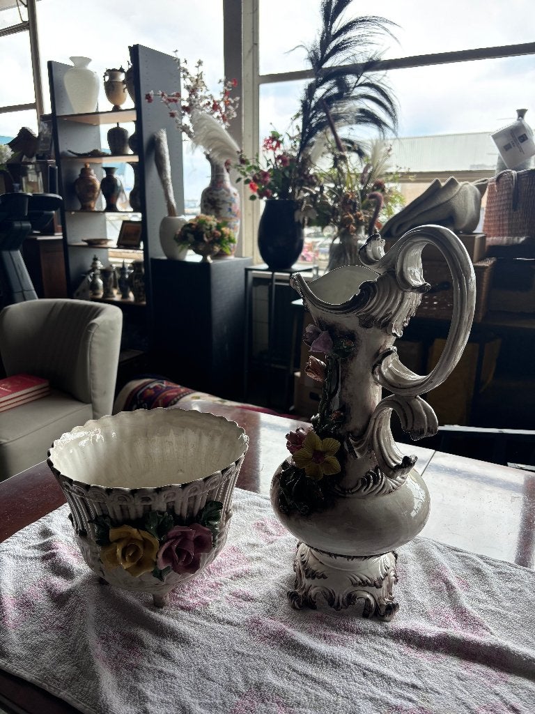 V. Bassano Italië Majolica Keramiek Bloempot en Gieter Set, Ophalen