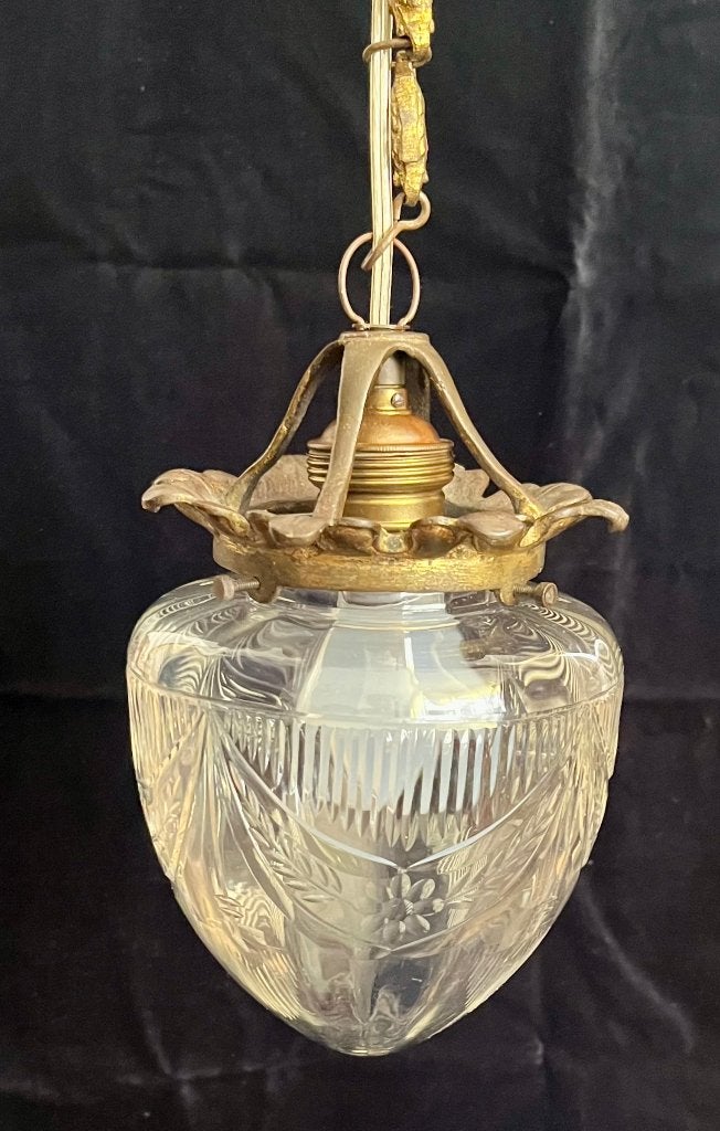 Antiek Hanglampje Voor Hal of Portaal, Gegraveerd Glas, 1910, Ophalen of Verzenden