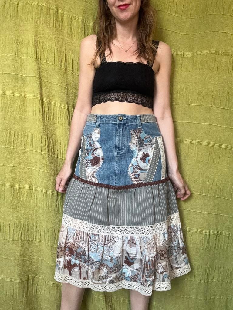 Vintage patchwork jeans rok - rafels - 40/L, Maat 38/40 (M), Hgv, Blauw, Hgv