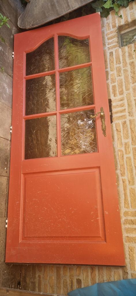 Oude houten deur met glas en sierlijk beslag, Doe-het-zelf en Verbouw, Deuren en Horren, Ophalen, Gebruikt, 80 tot 100 cm, Binnendeur