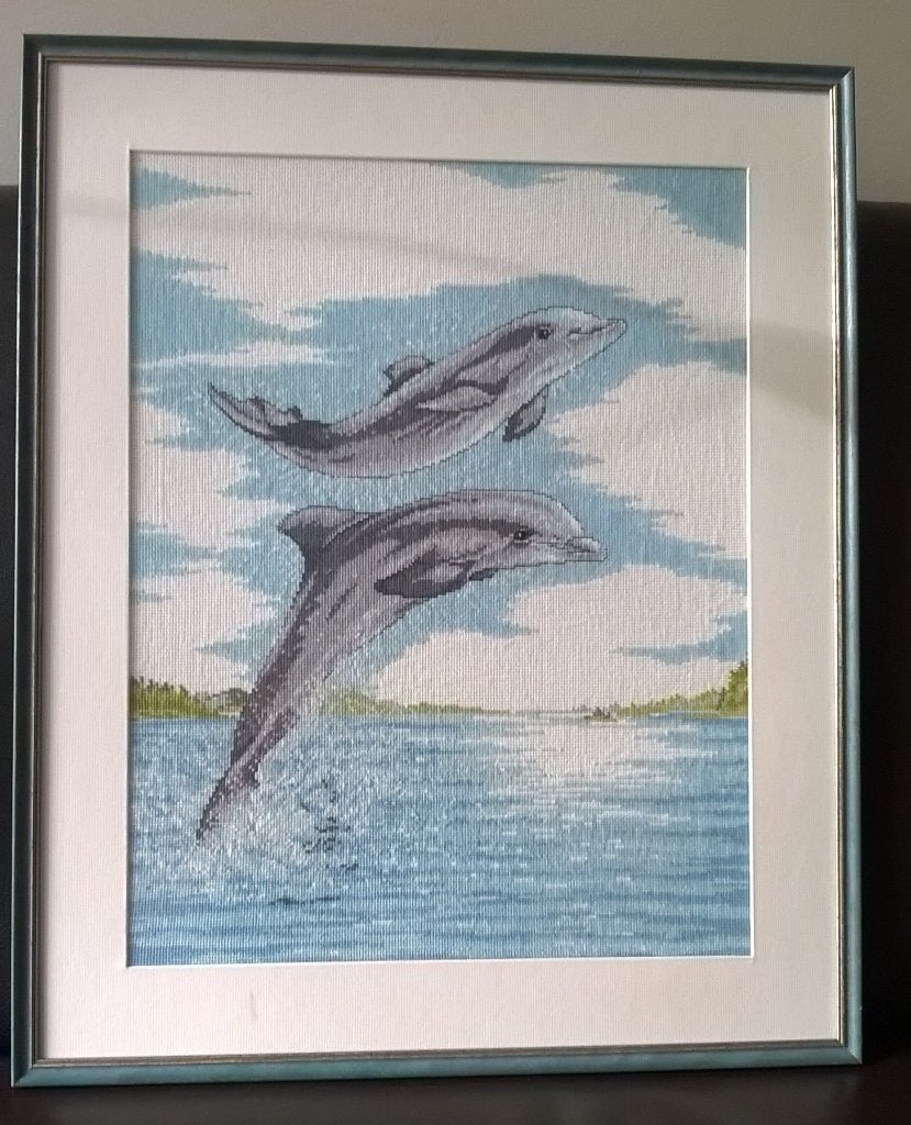 Geborduurd schilderij: Dolfijnen, Ophalen, 62 cm, Nieuw, 51 cm