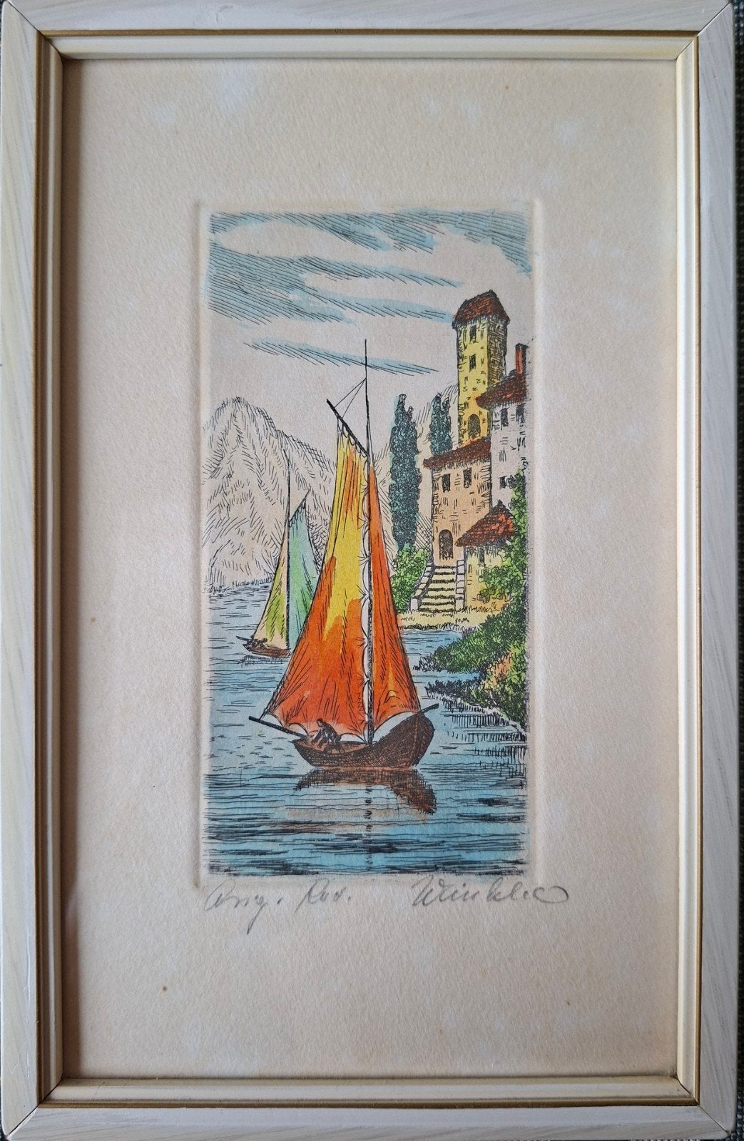2 vintage sixties etsen ingekleurd ingelijst fecit Winkler, Gesigneerd, Ophalen of Verzenden, Landschappen, Ets