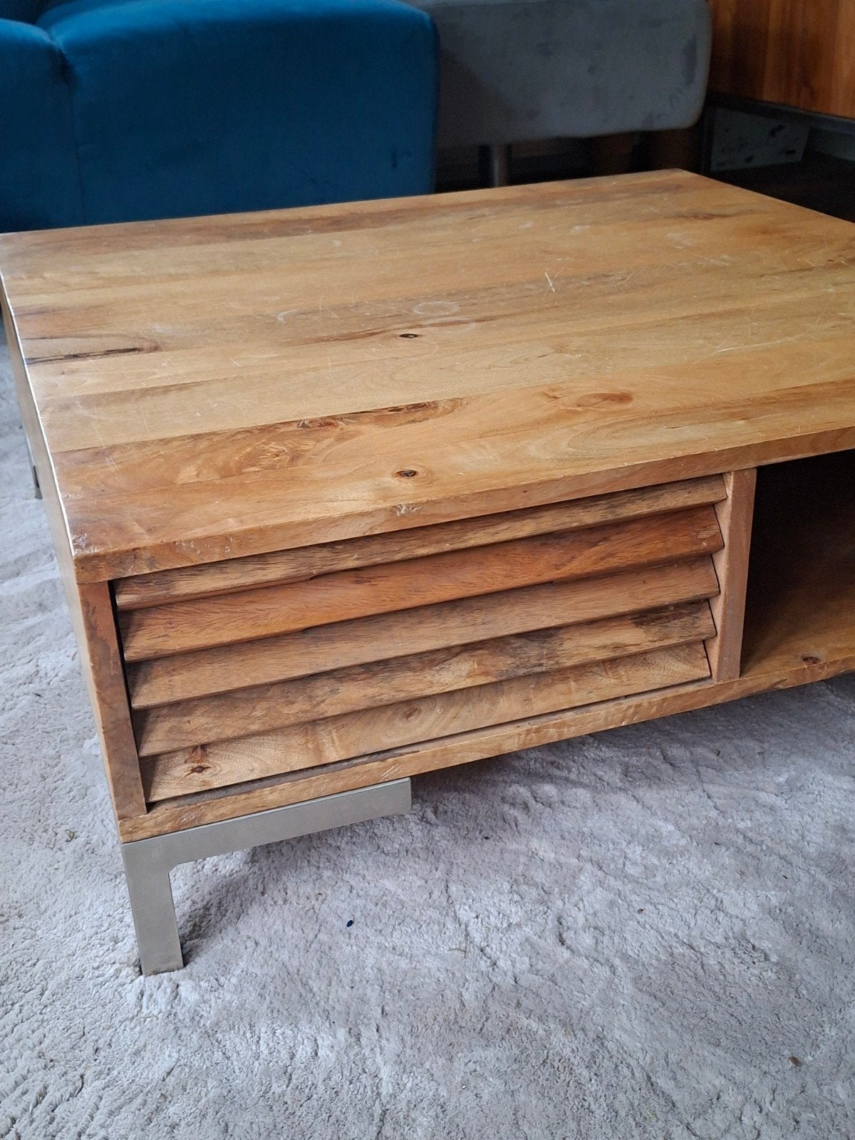 lage salontafel mangohout 2 vakken en 2 laden, Huis en Inrichting, Tafels | Salontafels, Ophalen, Gebruikt, 50 tot 100 cm, Vierkant