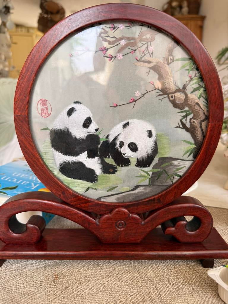 Chinees zijden borduurwerk panda’s, dubbelzijdig handwerk, Ophalen of Verzenden