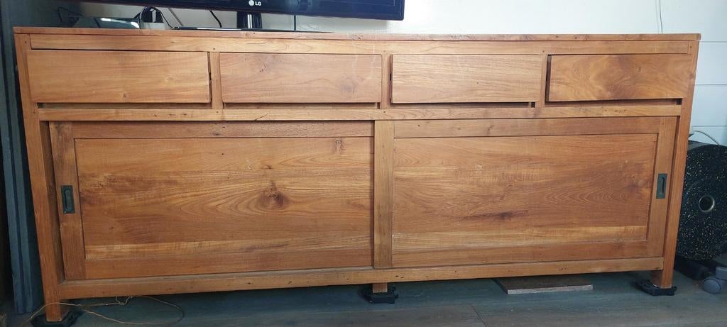 Houten televisiemeubel met lades en schuifdeuren, Ophalen, Gebruikt, 150 tot 200 cm, Minder dan 100 cm