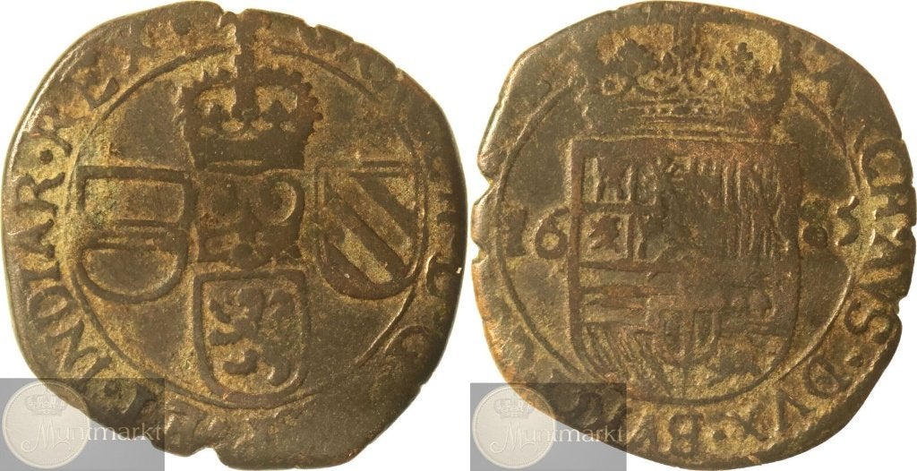 Brugge - Liard 1685 over 1679 jaartalwijziging 'Karel II', Ophalen of Verzenden, Vóór koninkrijk, Overige waardes, Losse munt