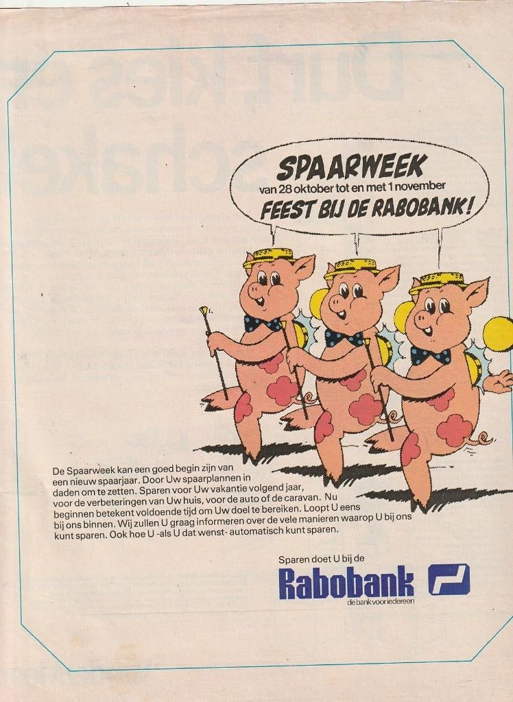 Retro reclame 1972 Rabobank spaarweek strip biggetjes, Verzamelen, Retro, Verzenden, Overige typen