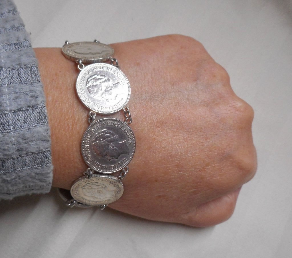 Zilveren armband met 8 halve guldens van Wilhelmina nr.1280, Sieraden, Tassen en Uiterlijk, Antieke sieraden, Verzenden, Zilver