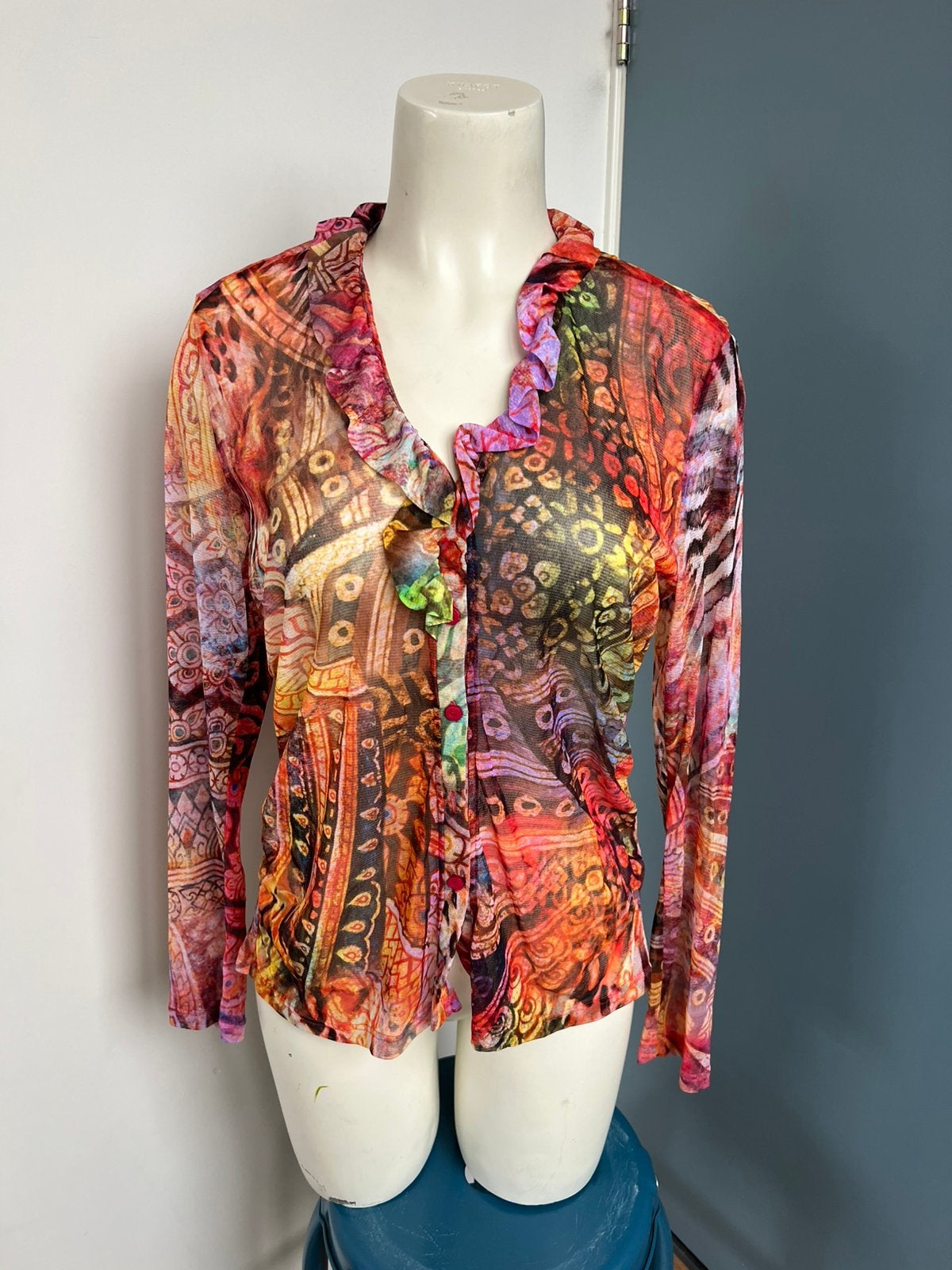 Scarva roze oranje doorschijnende rouches blouse 42 gaas, Maat 42/44 (L), Oranje, Ophalen of Verzenden, Zo goed als nieuw