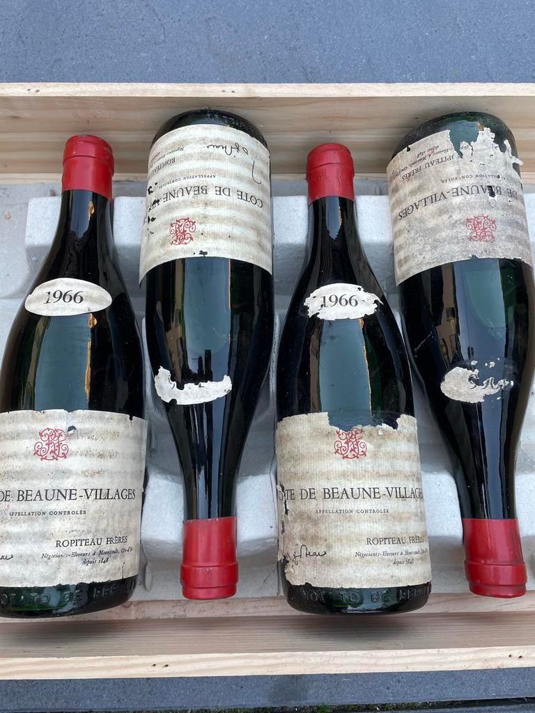4 flessen Ropiteau Côte de Beaune-Villages 1966 60 jaar, Ophalen of Verzenden, Gebruikt, Frankrijk, Rode wijn