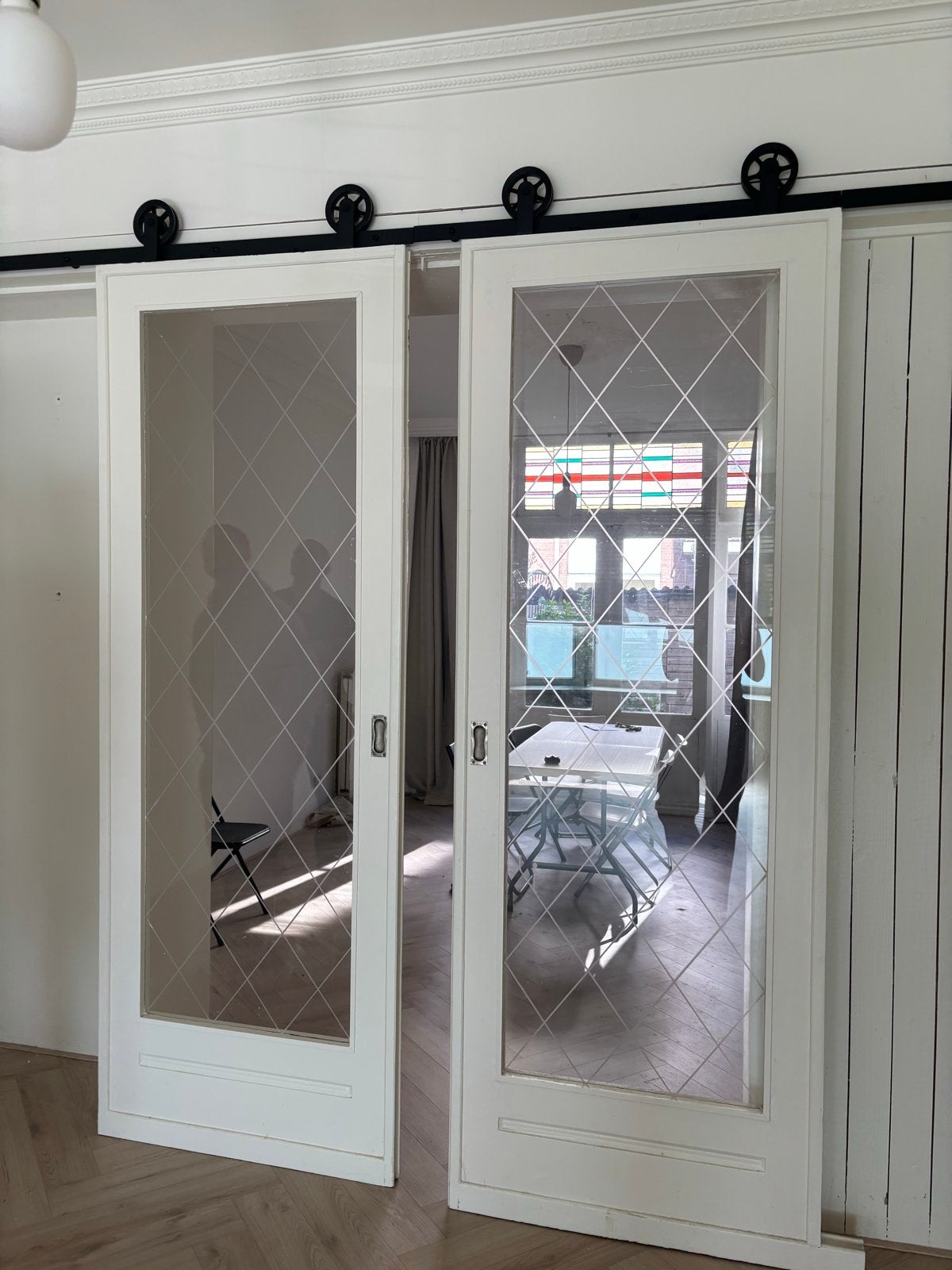 Ensuite schuifdeuren met rolsysteem en ruitglas, Doe-het-zelf en Verbouw, Gebruikt, 80 tot 100 cm, 215 cm of meer, Binnendeur