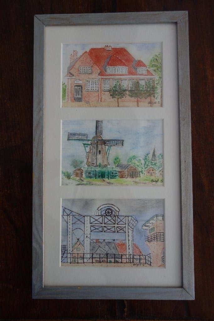 Schilderij 3 tekeningen Bovenkarspel, Huis en Inrichting, Ophalen of Verzenden, Zo goed als nieuw, Minder dan 50 cm, Schilderij