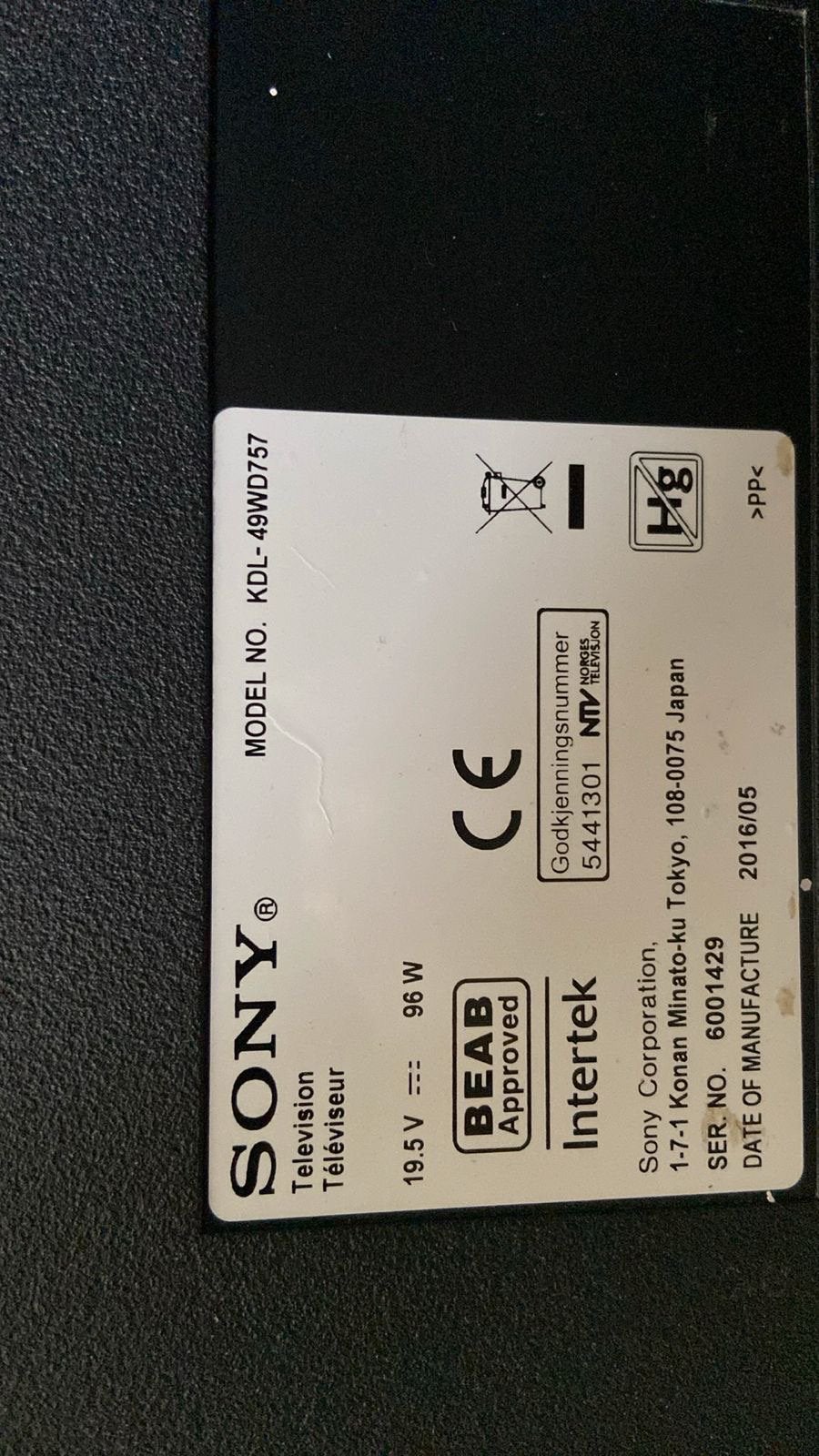Sony 49 TV, Computers en Software, Harde schijven, Ophalen, Niet werkend, Laptop