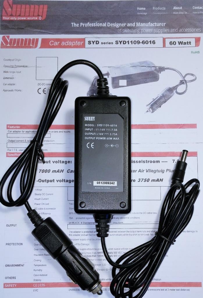 Sunny SYD1109-6016 DC DC Adapter 16V 3.75A 60W 2.5x5.5mm, Ophalen of Verzenden, Nieuw
