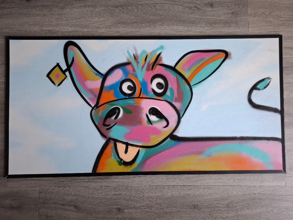 Graffiti Schilderij van een koe op Hardboard, Ophalen, Overige materialen, Overige technieken, Dieren