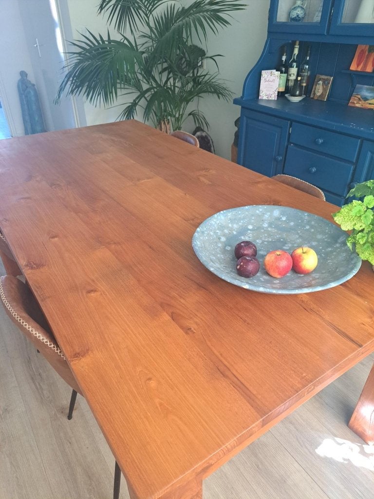 Massief, handgemaakte teakhouten eettafel, Huis en Inrichting, Tafels | Eettafels, Ophalen, 200 cm of meer, 50 tot 100 cm, Zo goed als nieuw