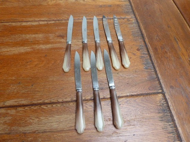 8 art deco dinermessen met bakelieten heft, Pradel, Antiek en Kunst, Antiek | Bestek, Ophalen of Verzenden