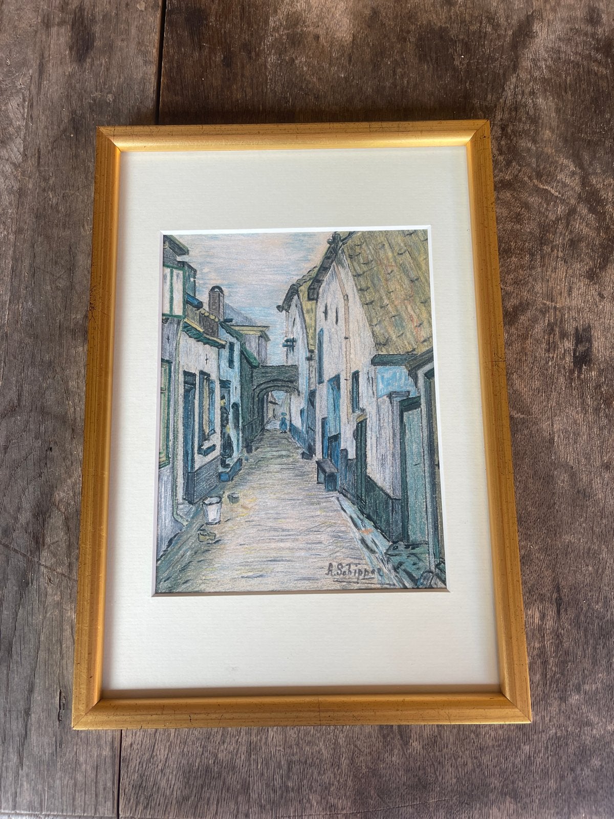 Ingelijste tekening van een steegje, gesigneerd A. Schipper, Ophalen, Tekening, Potloodtekening, Gesigneerd