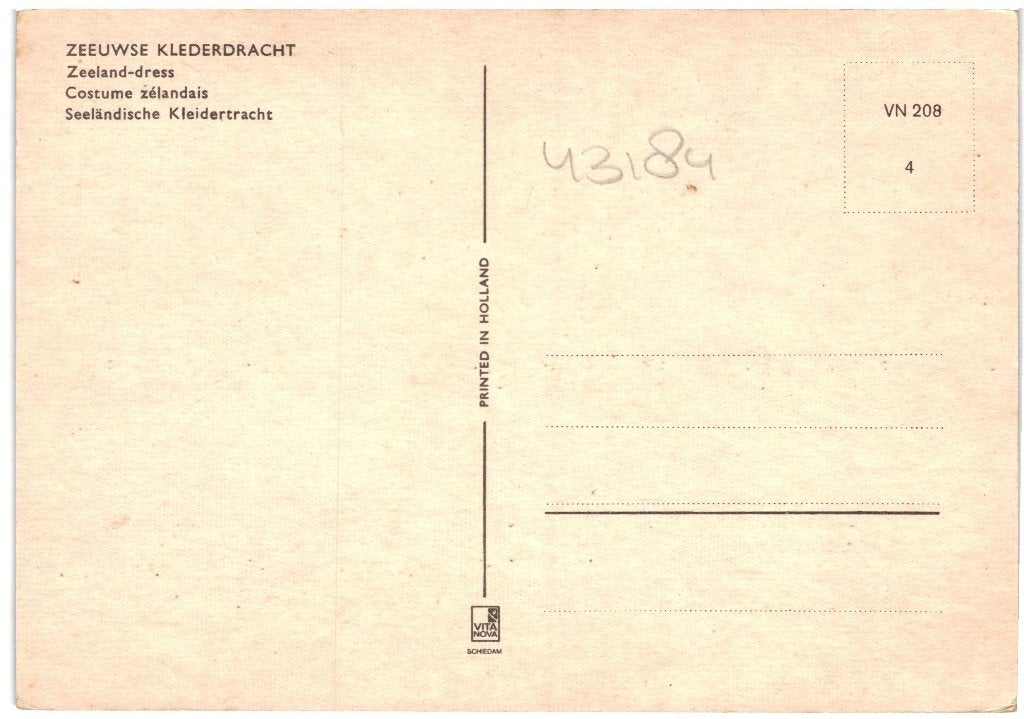 43184	Walcheren	Zeeland	Klederdracht	jr 60 70	Onbeschreven, Verzenden, 1960 tot 1980, Ongelopen, Zeeland