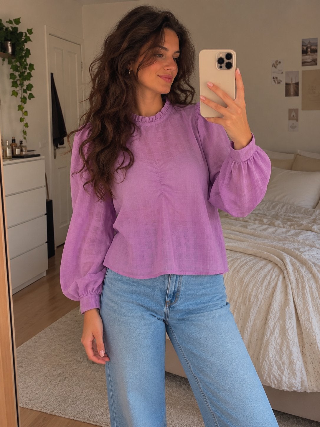 Eksept paarse blouse met pofmouwen en ruches, maat XL, Ophalen of Verzenden, Zo goed als nieuw, Maat 46/48 (XL) of groter, Paars