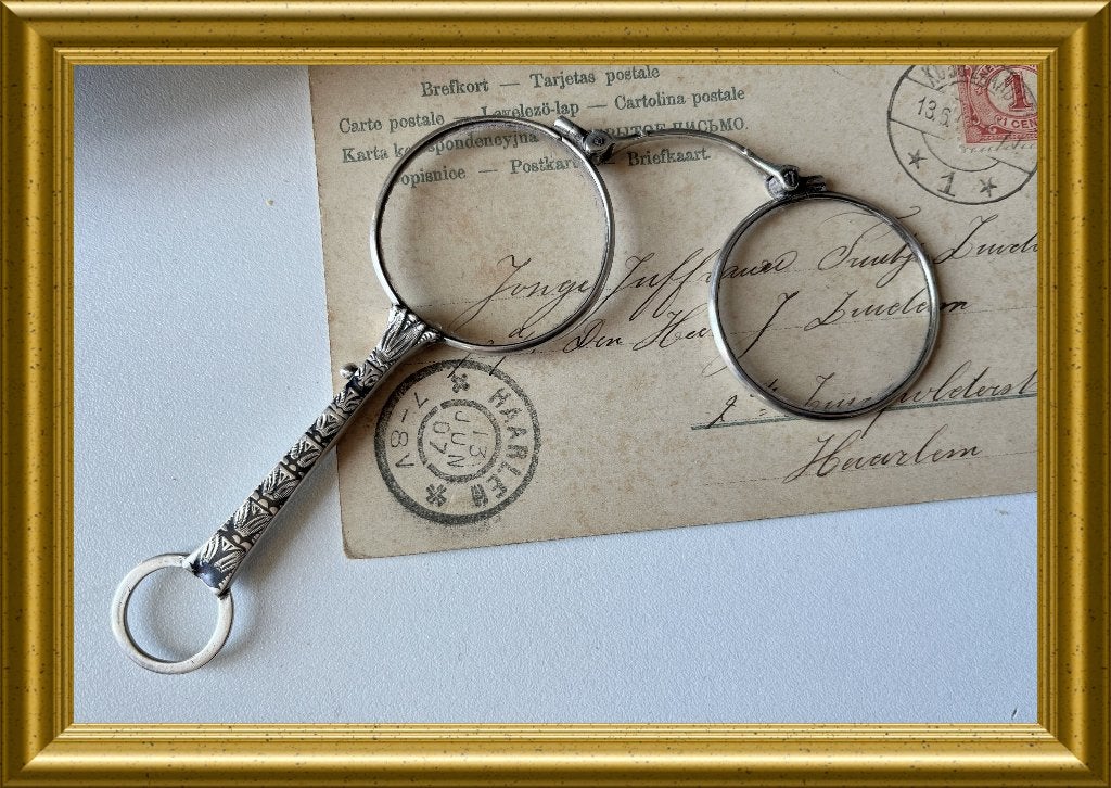 Art deco zilveren inklapbare bril, face a main, lorgnet, Ophalen of Verzenden, Zilver