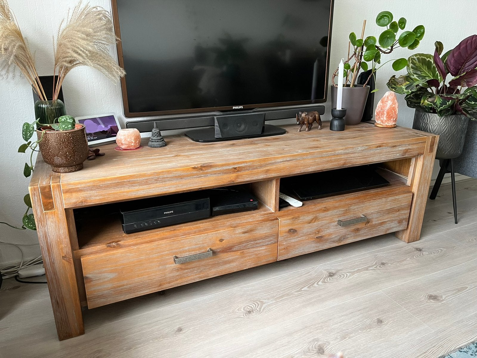 Teakhouten tv-meubel met 2 lades, Ophalen, Gebruikt, 150 tot 200 cm, Teakhout