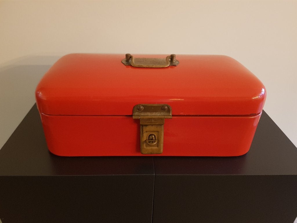 Retro Broodtrommel, NL jaren '30, rood geëmailleerd metaal, Verzamelen, Retro, Ophalen, Huis en Inrichting