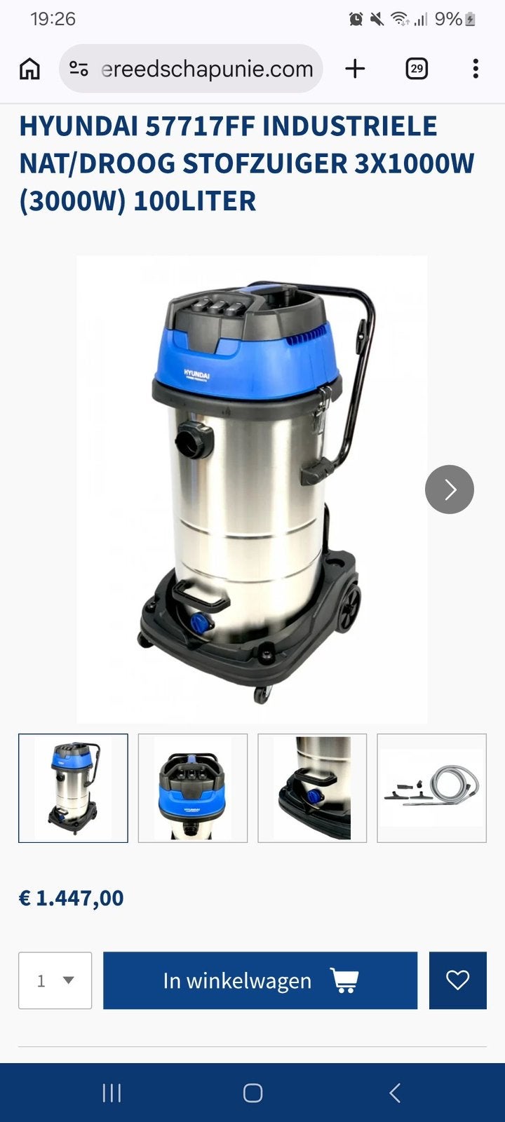 HYUNDAI Industriële Nat/Droog Stofzuiger 3000W – 100 Liter, Doe-het-zelf en Verbouw, Reinigingsmachines, Ophalen of Verzenden