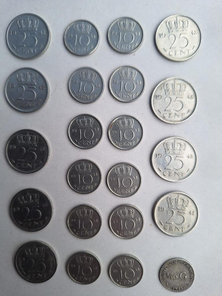 Kwartjes en dubbeltjes 1948 en 1/10 gulden., Ophalen of Verzenden, Nederland, Munten