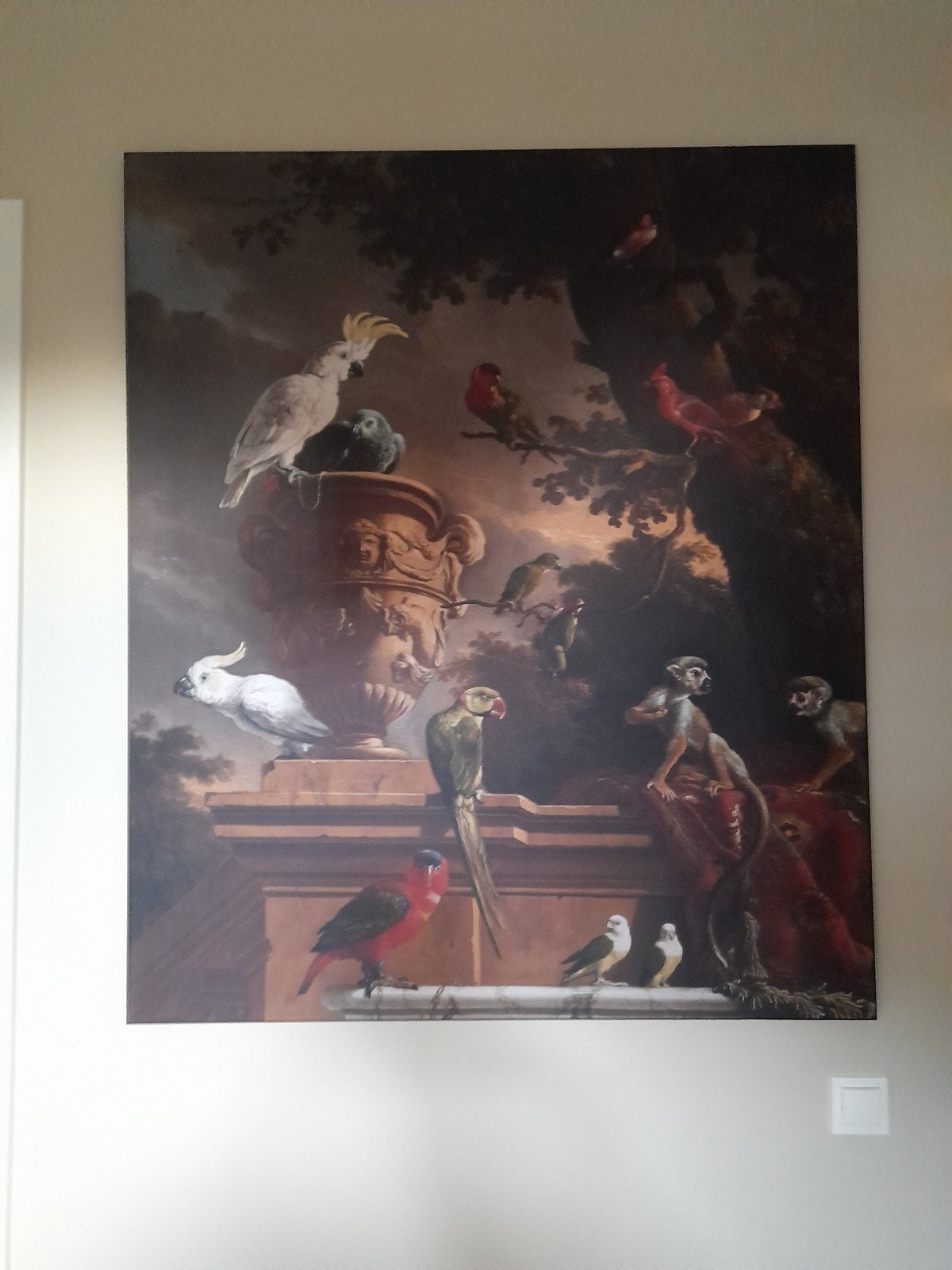 Prachtig schilderij met exotische vogels en apen, Doek, Dieren, Ophalen of Verzenden, Klassiek
