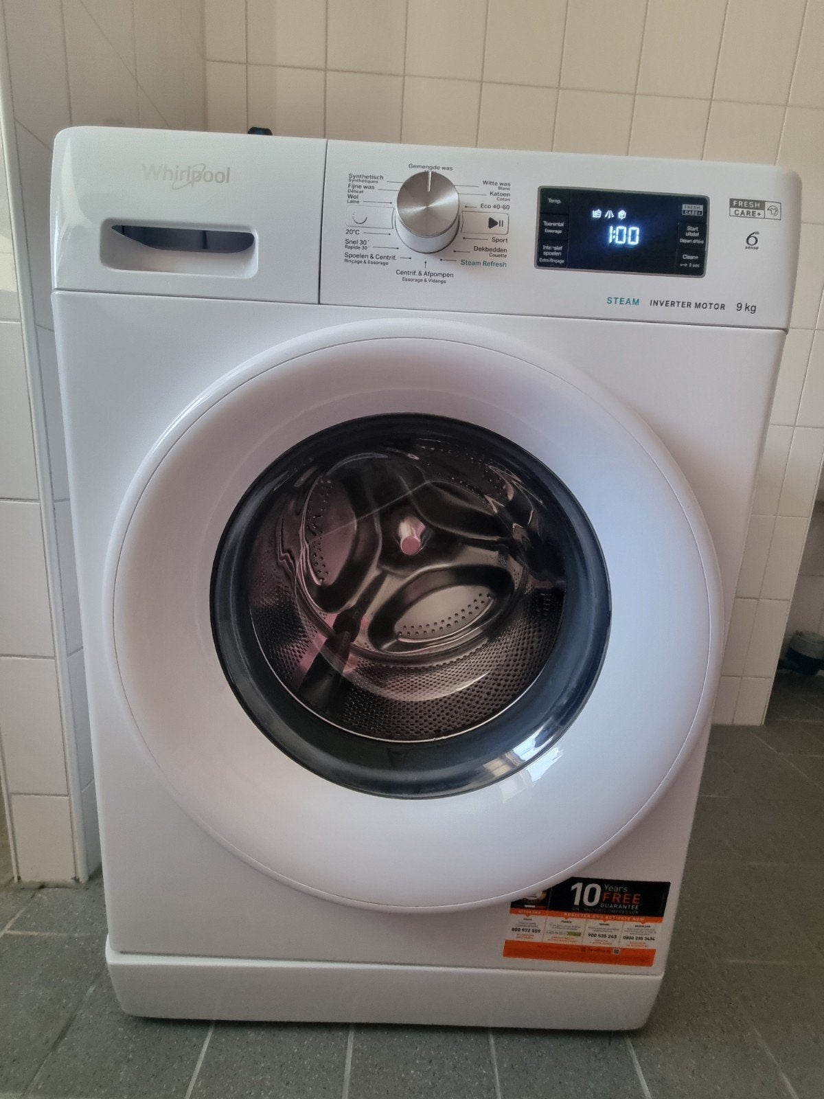 Whirlpool Steam Inverter Wasmachine 9kg, 1200 tot 1600 toeren, Gebruikt, 8 tot 10 kg, Ophalen of Verzenden