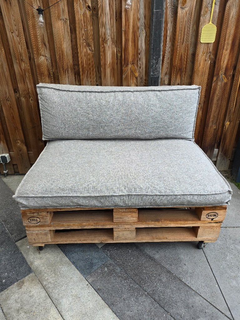 2 palletbankjes incl. kussens, Ophalen, Gebruikt, Hout