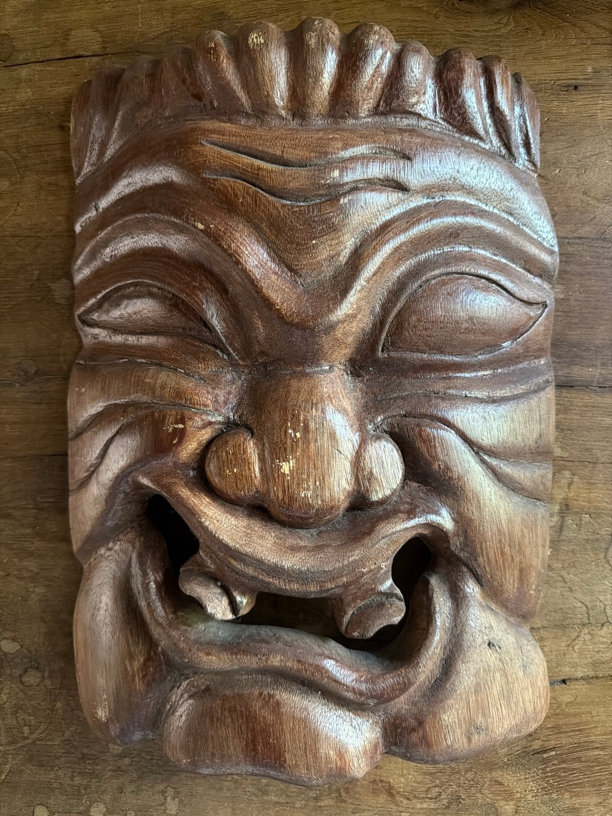 Handgesneden houten masker - Lachende Boeddha stijl, Ophalen of Verzenden