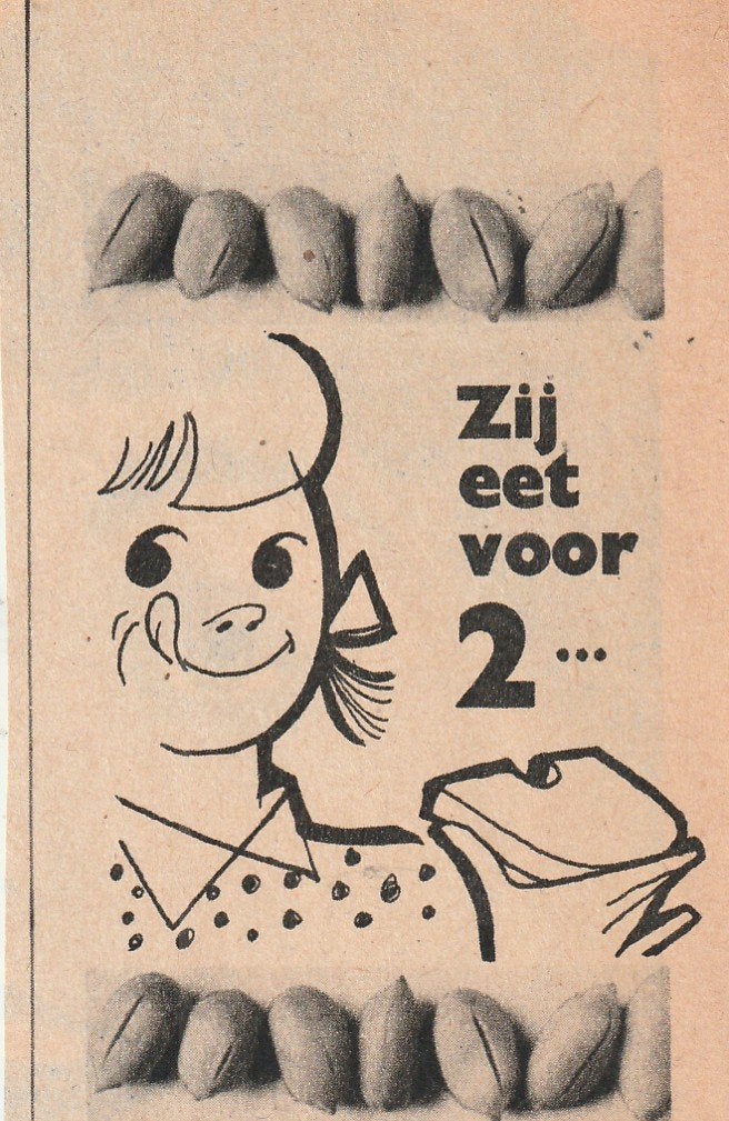 Retro reclame 1956 Calvé pindakaas ze eet voor 2, Verzamelen, Verzenden, Overige typen