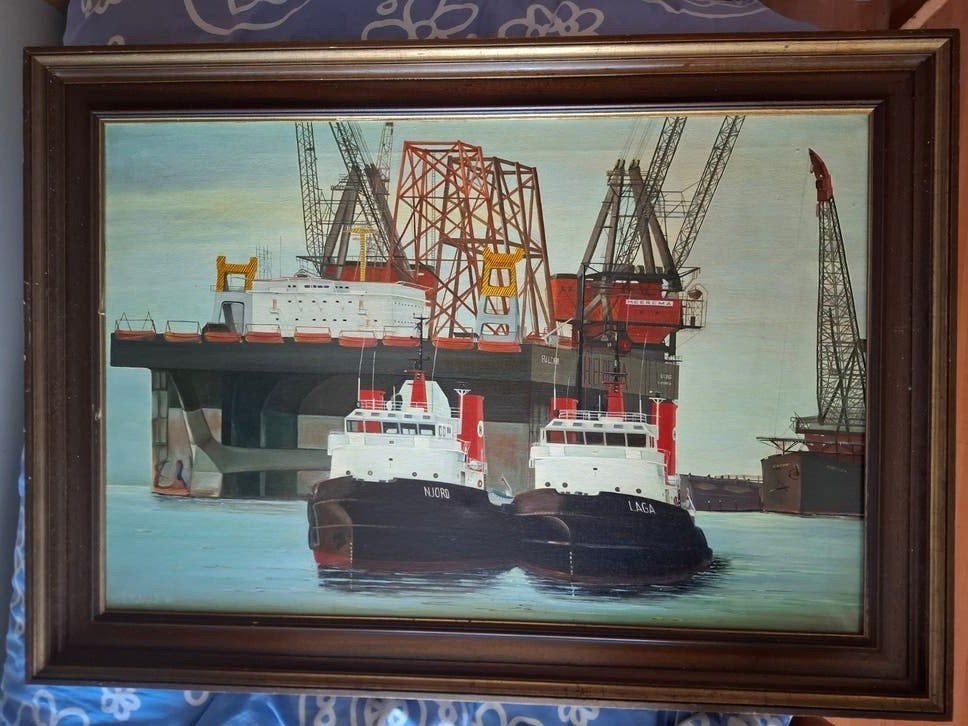 Groot Havengezicht Olieverf Schilderij L. Molenwijk '85, Ophalen